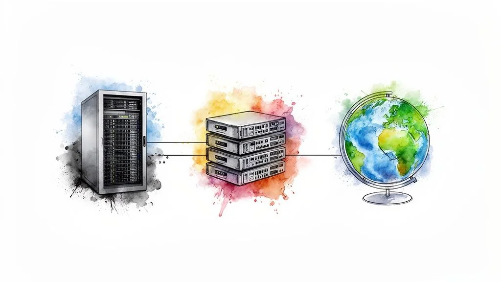 Watercolor illustration of a server rack, networking equipment, and a globe connected by lines, depicting global data transfer.