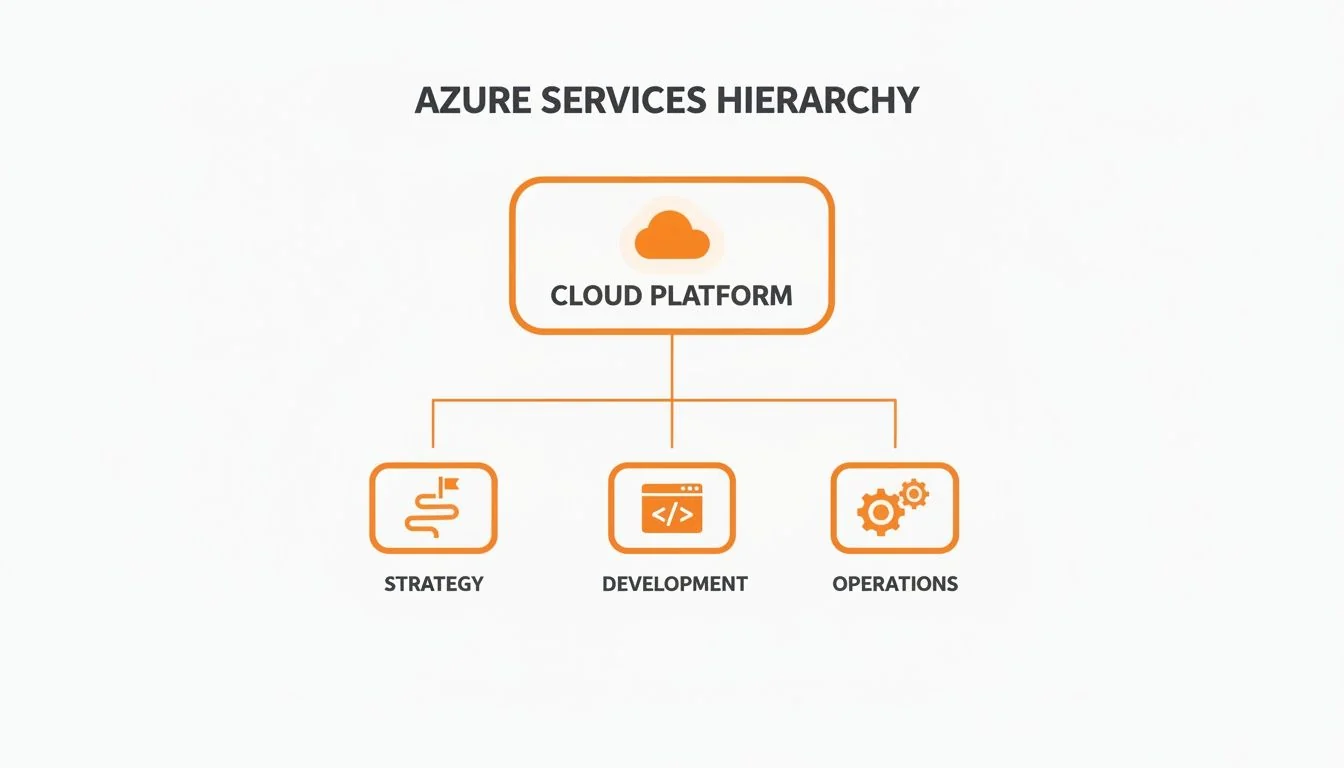 A diagram showing Azure services hierarchy: Cloud Platform branches into Strategy, Development, and Operations.