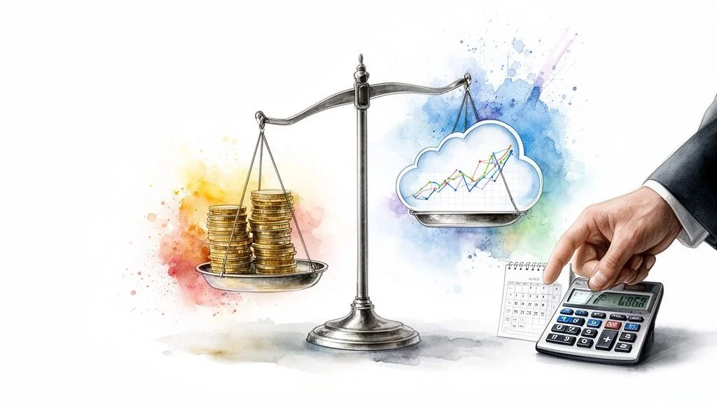 A hand calculating on a calculator next to a balance scale weighing money against cloud services.