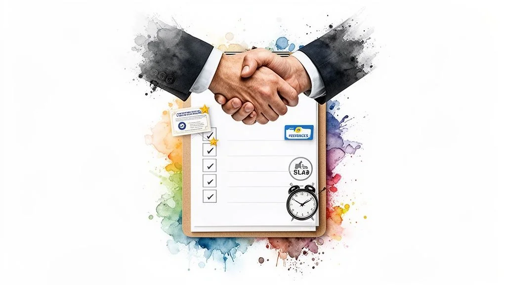 Business handshake over a checklist, certificate, feedback, SLA, and alarm clock on a watercolor background.