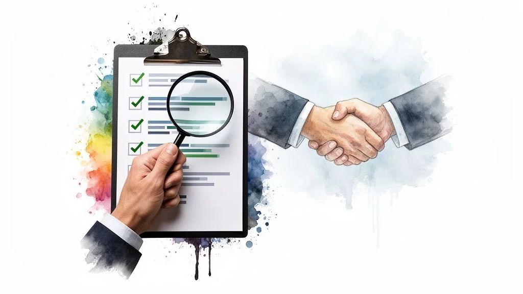 A hand inspecting a checklist with a magnifying glass, next to two hands shaking, symbolizing agreement.