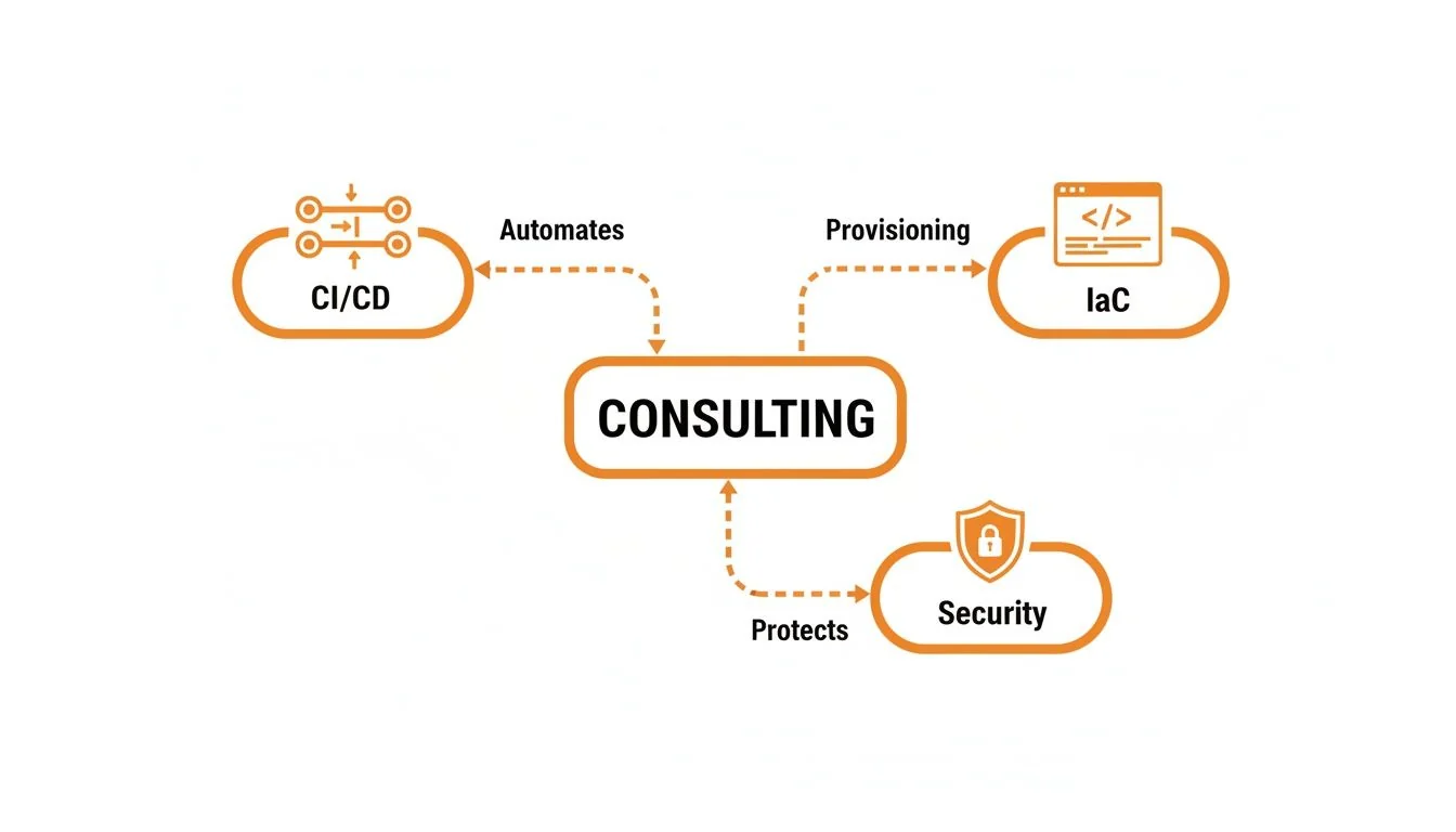 Diagram showing consulting services automating CI/CD, provisioning IaC, and protecting security solutions.