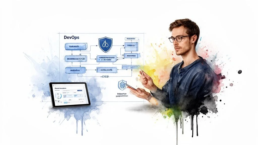 A man in glasses interacts with a DevOps diagram and a tablet display, surrounded by watercolor.