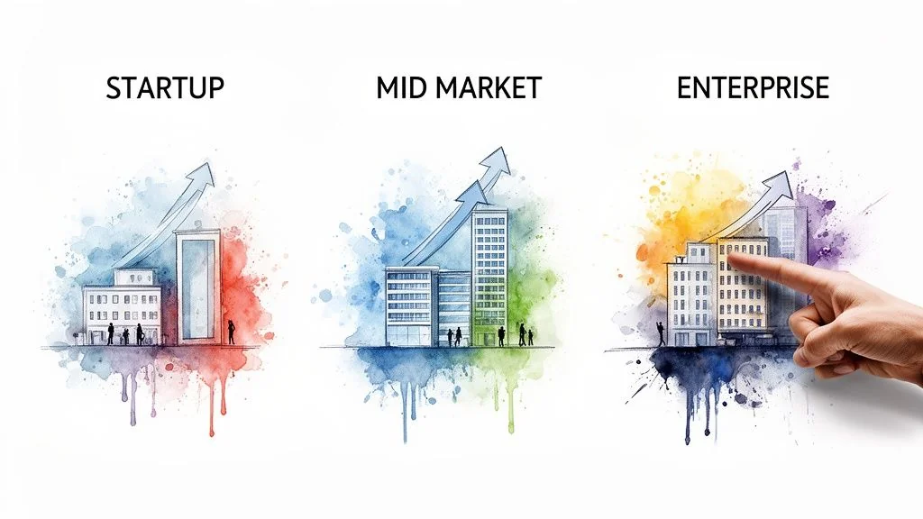 Watercolor illustrations showing startup, mid-market, and enterprise company growth stages with buildings and arrows.