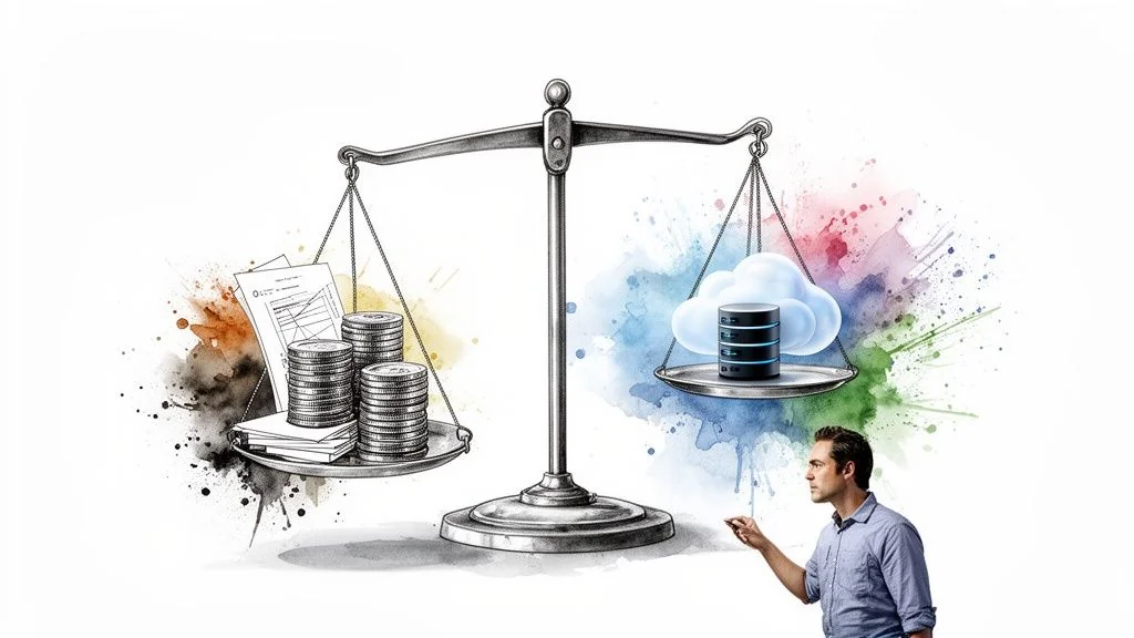 Balance scale illustrating the comparison between financial investments and cloud data services.