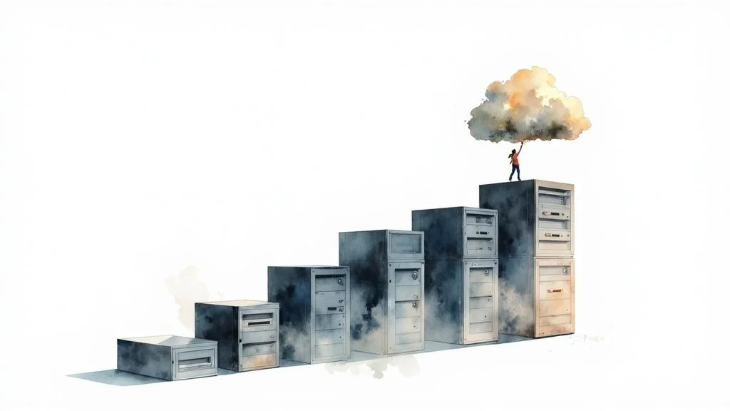 A person on a rising stack of server racks reaches for a watercolor cloud, symbolizing cloud migration.