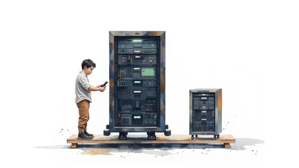 A boy with a mobile device next to large server racks on a wooden platform, suggesting IT infrastructure.