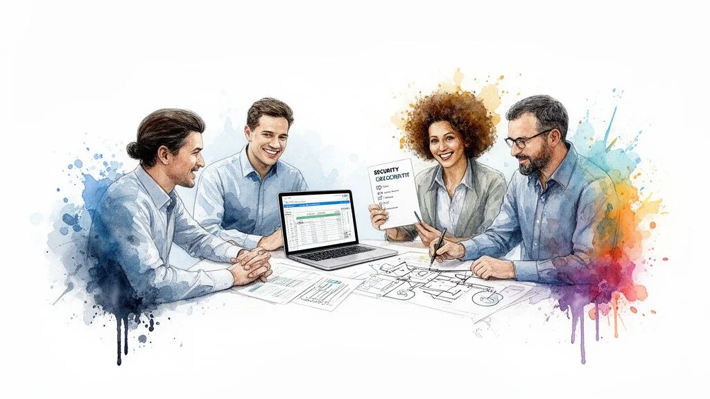 Four smiling business people collaborate at a table with a laptop and documents, discussing strategy.