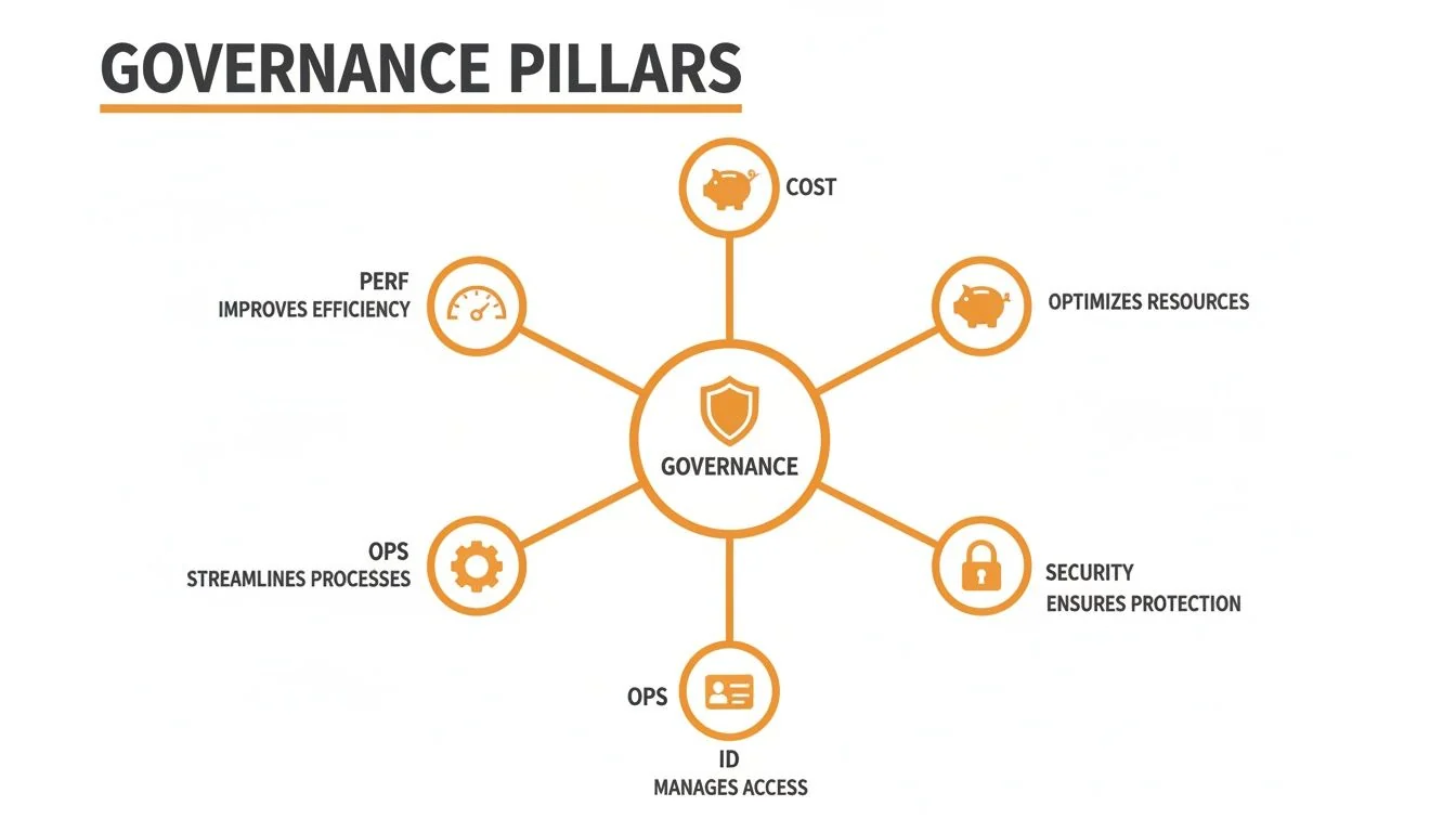 Diagram illustrating six core governance pillars: Cost, Resources, Security, ID, Operations, and Performance.