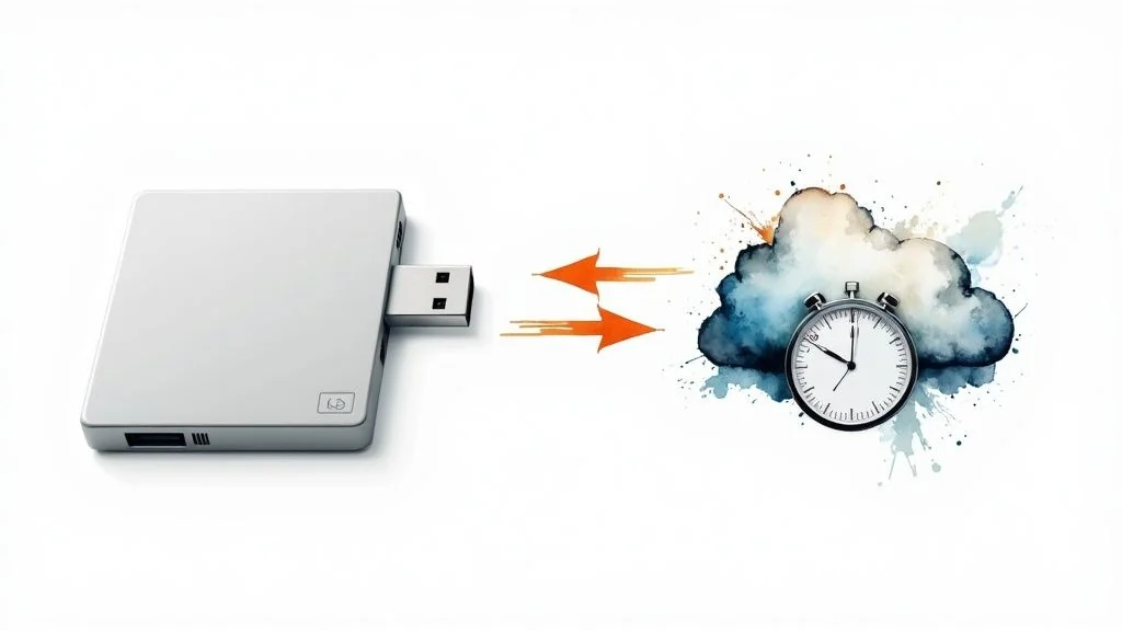 A sleek device with a USB connector points to a watercolor cloud containing a stopwatch, signifying fast cloud data migration.