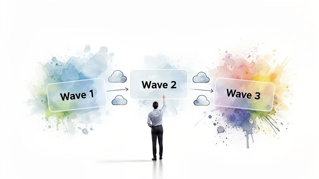 Visual diagram of a man pointing to Wave 2, illustrating a phased cloud migration or transformation journey.