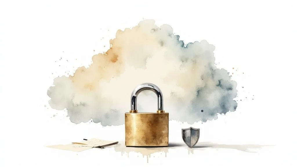 A watercolor illustration of a golden padlock, shield, and documents with a cloud, representing cloud security.