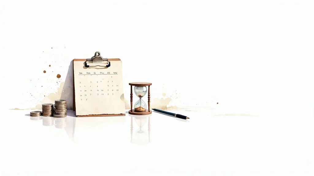 A clipboard with a calendar, growing stacks of coins, an hourglass, and a pen on a white surface.