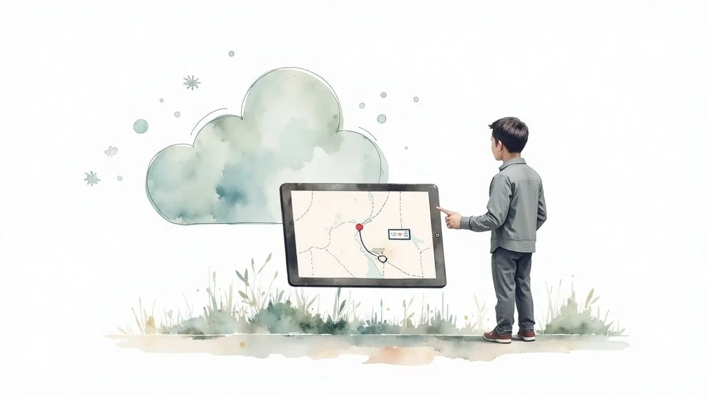A young boy points at a tablet displaying a map, with watercolor cloud and grass elements.