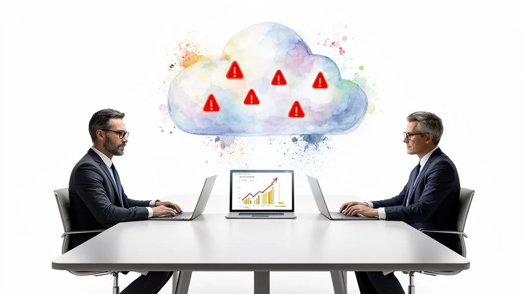 Two businessmen working on laptops beneath a cloud with multiple red warning signs, signifying risks.
