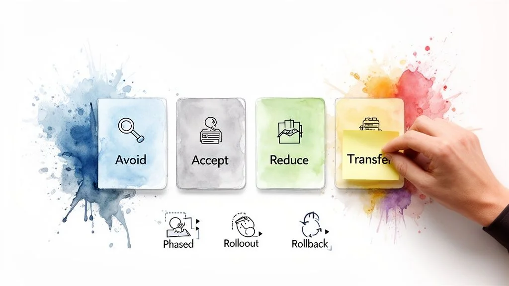 Visualizing risk management strategies: Avoid, Accept, Reduce, Transfer, with deployment options like Phased, Rollout, and Rollback.
