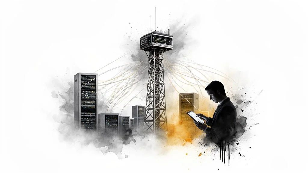 A person manages data servers and a network tower with a tablet, depicting cloud security.
