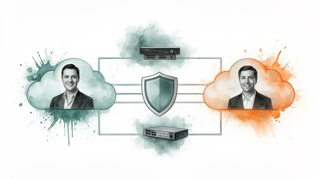 A hand holds a golden key near a silver padlock, with binary code flowing around clouds.