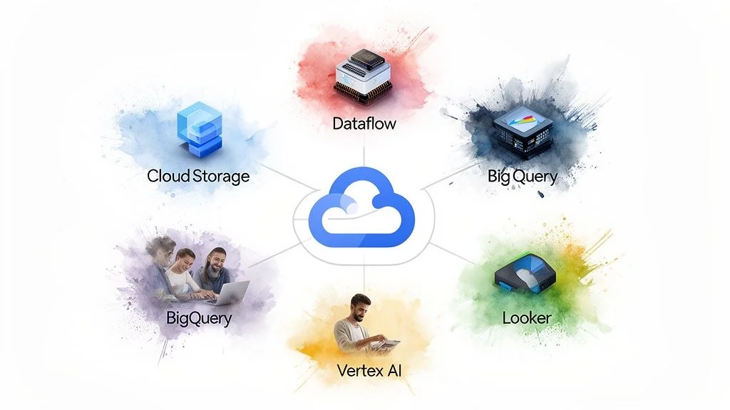 Google Cloud ecosystem with services: Cloud Storage, Dataflow, BigQuery, Vertex AI, and Looker, connected by a central cloud icon.