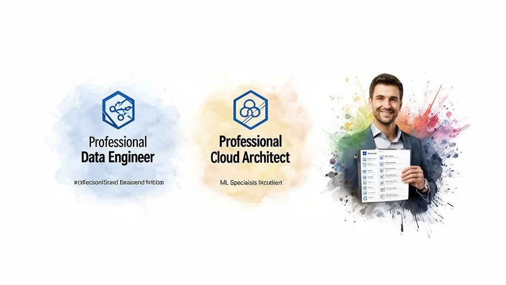 Professional Data Engineer and Cloud Architect certifications with a smiling man holding a checklist.