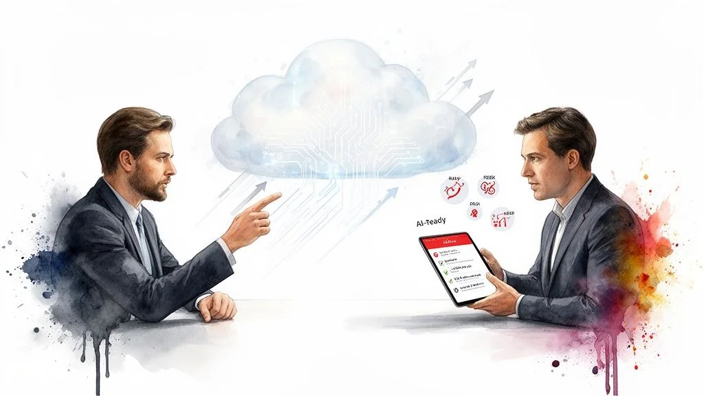 Two businessmen discussing cloud computing and AI solutions for data migration on a tablet.