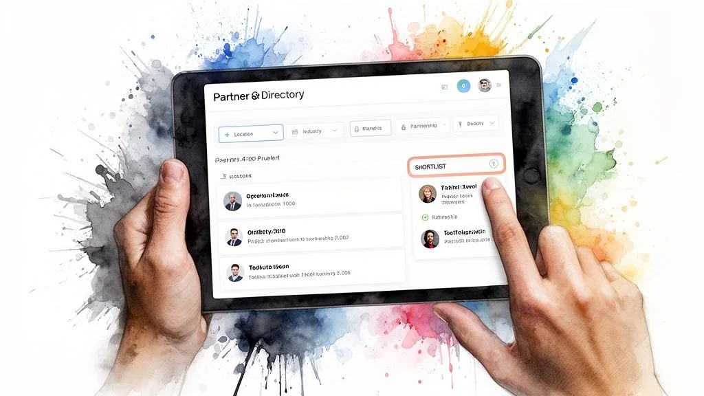 Hands interacting with a tablet displaying a partner directory application and a shortlist.