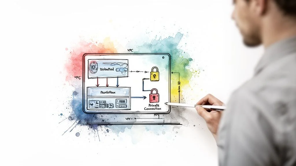 A hand with a stylus points to a watercolor diagram of a cloud security architecture with VPCs and private connections.