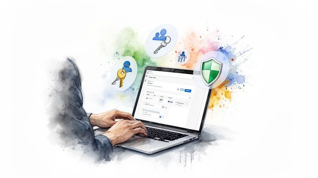 Hands typing on a laptop with a cloud security interface, surrounded by identity, access, and protection icons.