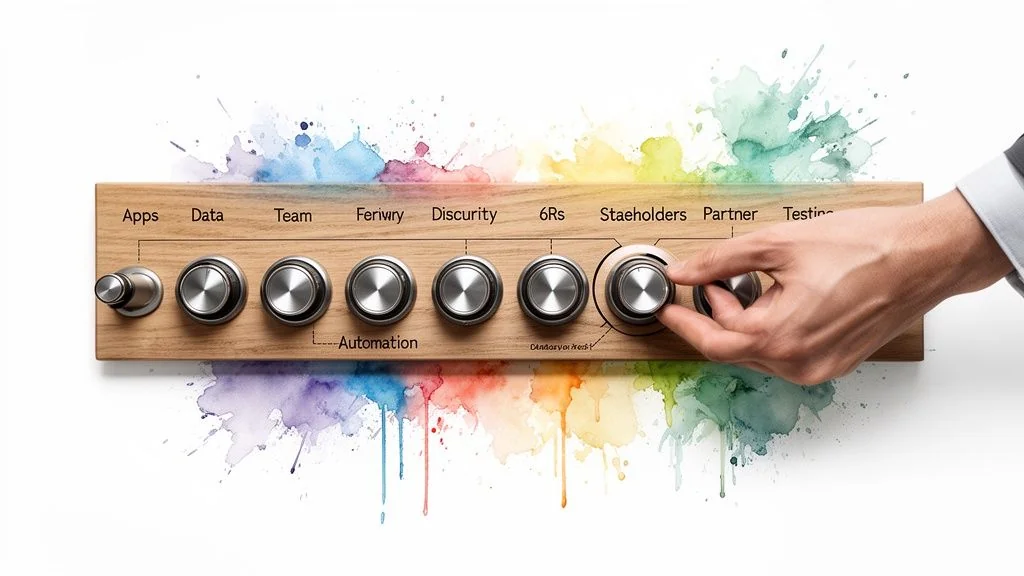 Hand adjusts a knob on a wooden control panel with labels like Data, Team, and Stakeholders.