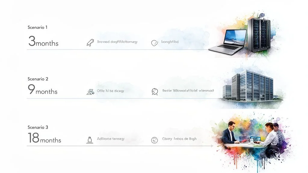 Timeline illustrating three scenarios for IT projects or cloud migration over 3, 9, and 18 months.