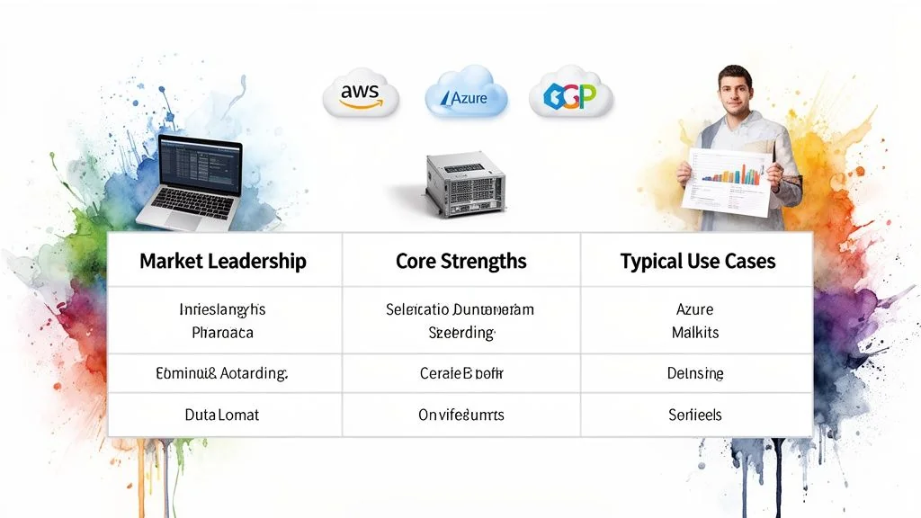 Infographic comparing AWS, Azure, and GCP cloud providers with key market strengths and use cases.