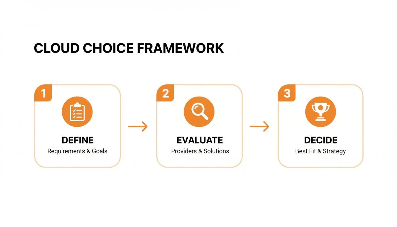 A cloud choice framework outlining three steps: define requirements, evaluate providers, and decide on the best strategy.