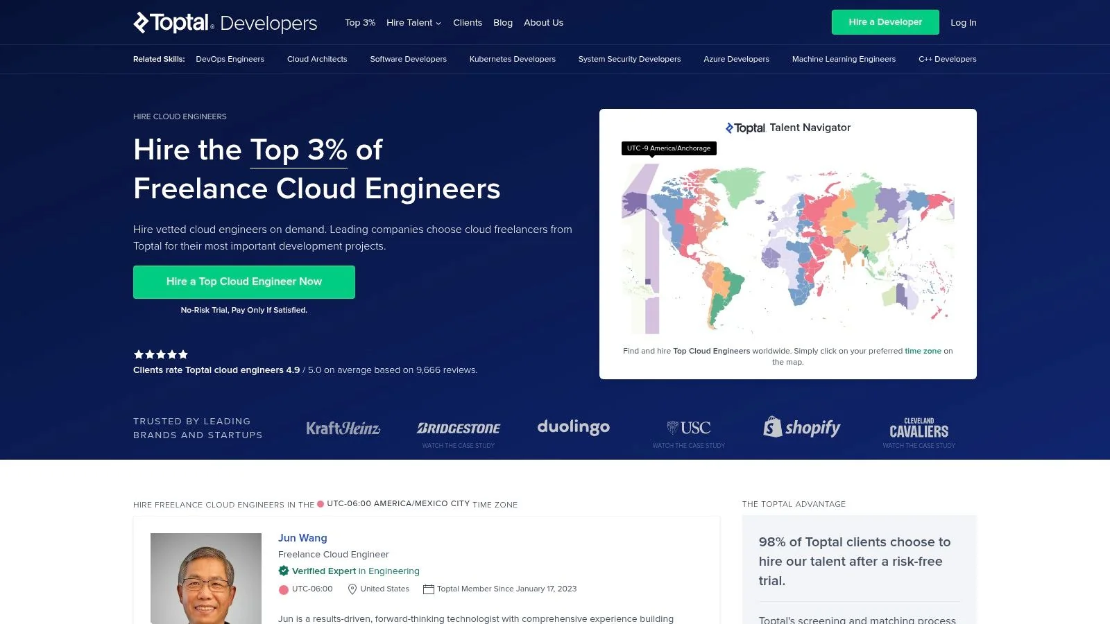 A screenshot of the Toptal platform highlighting the availability of vetted cloud engineers and their expertise in areas like AWS, Azure, and GCP.