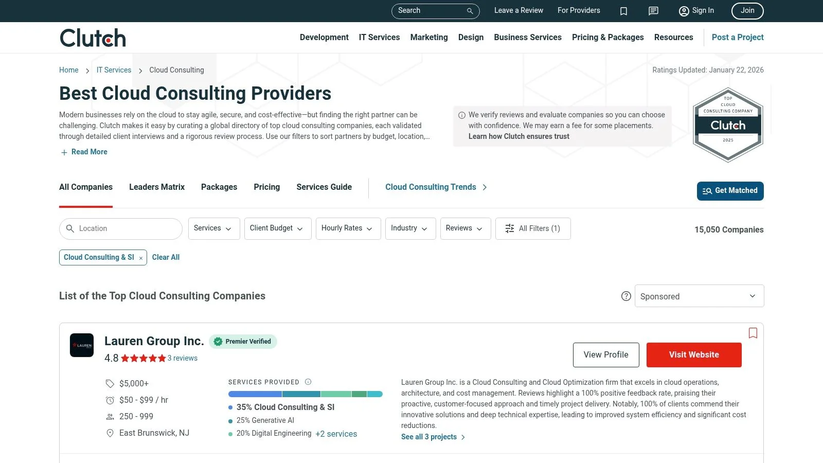 A screenshot of the Clutch platform showcasing a listing for an IT consulting firm, detailing their services, client focus, and reviews.
