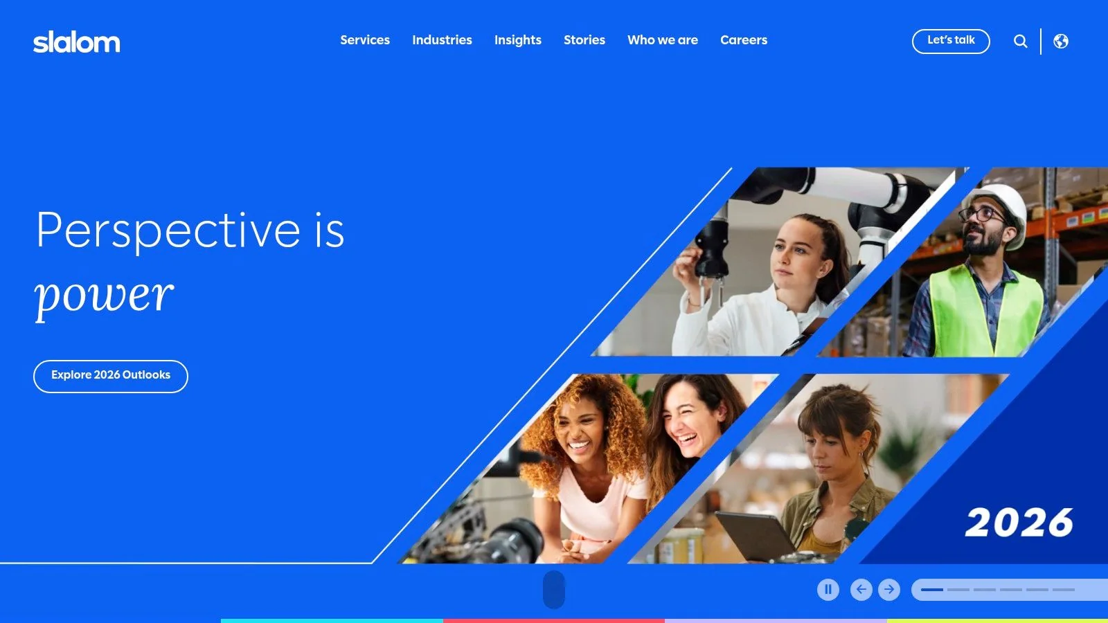 Slalom homepage featuring business professionals in a modern office, collaborating on a project.
