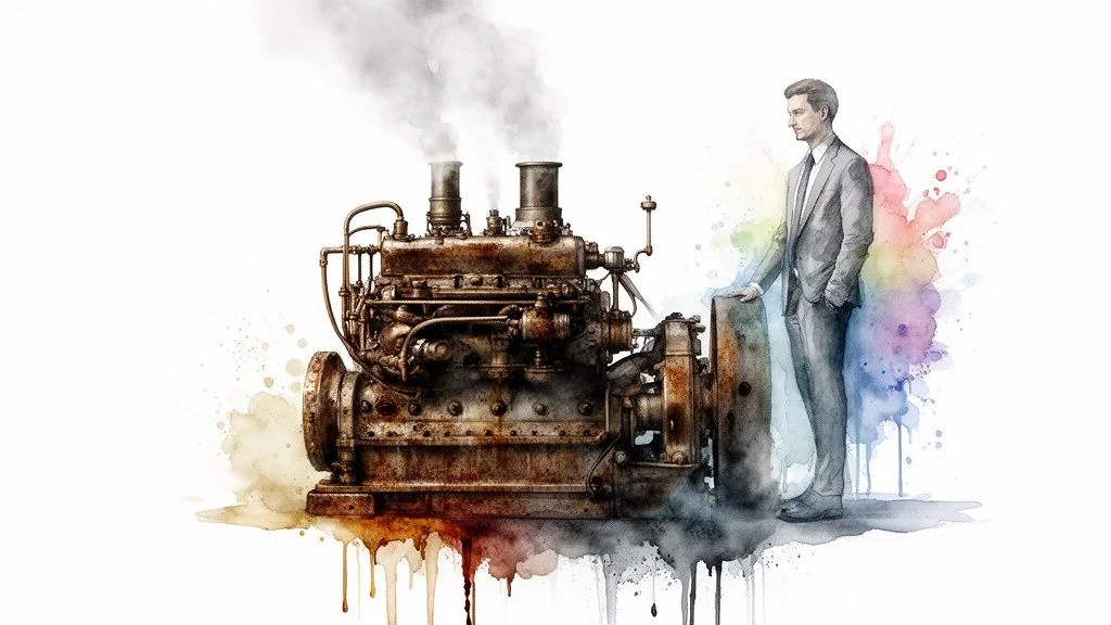 A man in a suit stands beside a smoking, rusty industrial engine, painted in watercolor.