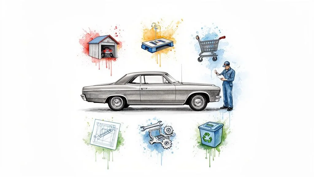 Detailed illustration of a classic car surrounded by various business and engineering process icons.