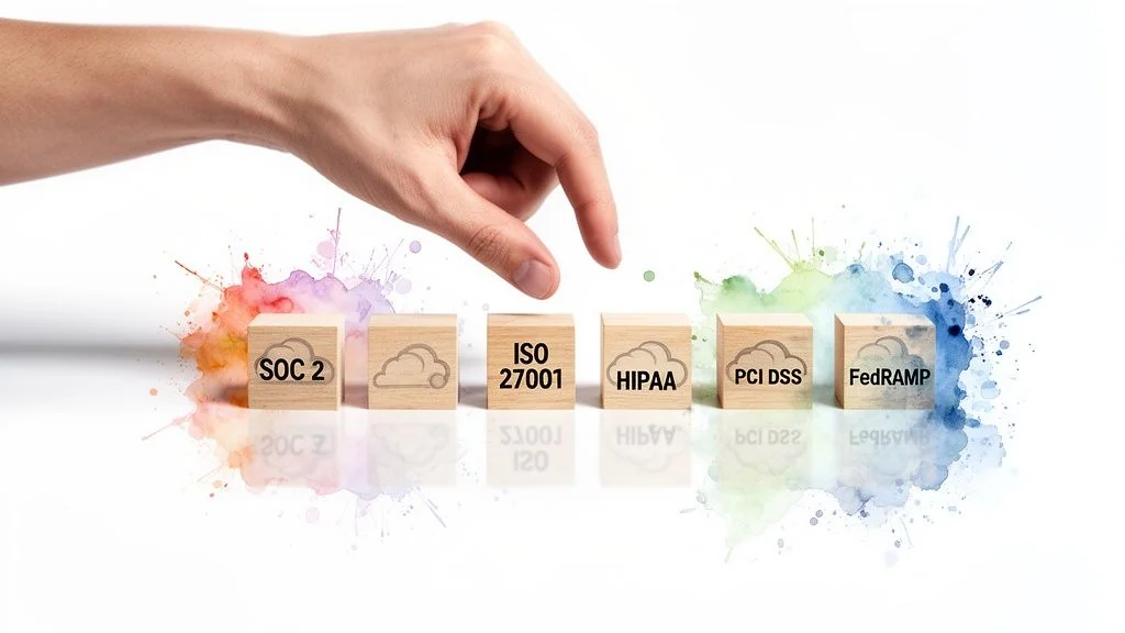 A hand hovers over wooden blocks labeled with regulatory compliance standards: SOC 2, ISO 27001, HIPAA, PCI DSS, FedRAMP.