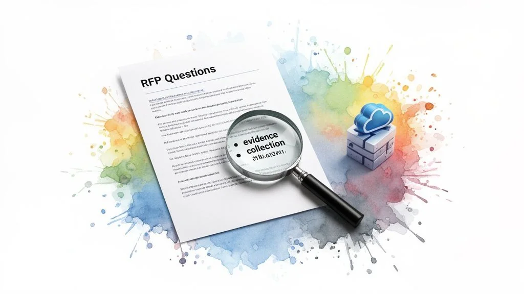 A document titled 'RFP Questions', a magnifying glass on 'evidence collection', and a cloud storage icon.