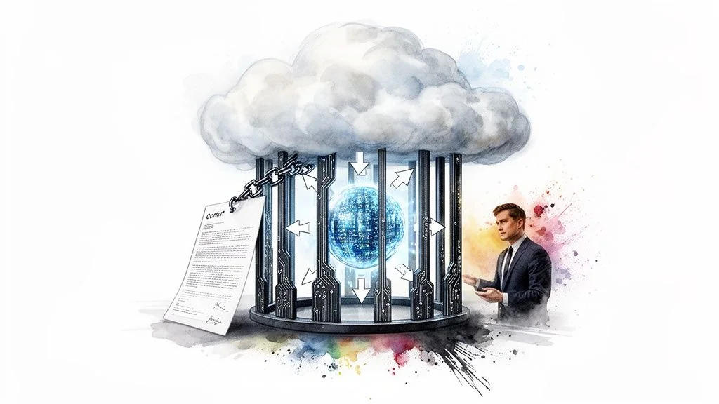 Watercolor illustration shows a cloud, caged data with a contract, and a businessman, depicting cloud vendor lock-in.