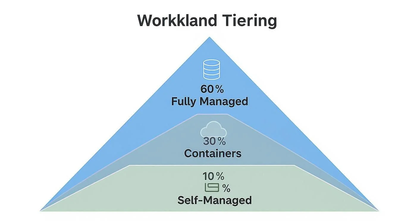 Pyramid diagram showing Workland Tiering: 60% Fully Managed, 30% Containers, and 10% Self-Managed.