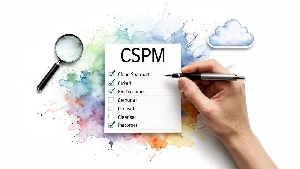 A cloud security concept map with CSPM at the center, connected to CWPP, CASB, and CIEM, detailing their functions.