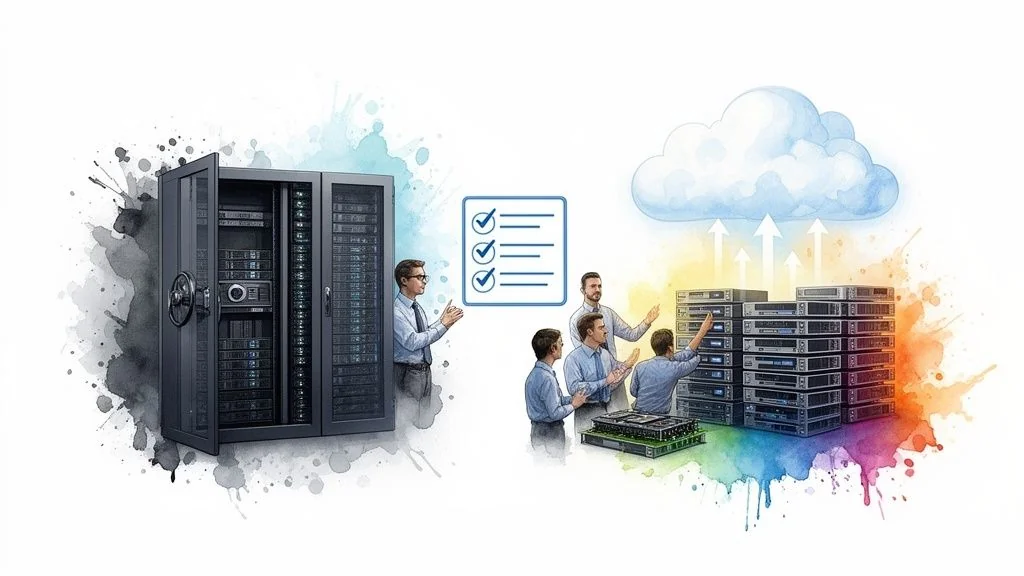 Watercolor illustration showing IT teams managing secure on-premise data centers and migrating to a cloud.